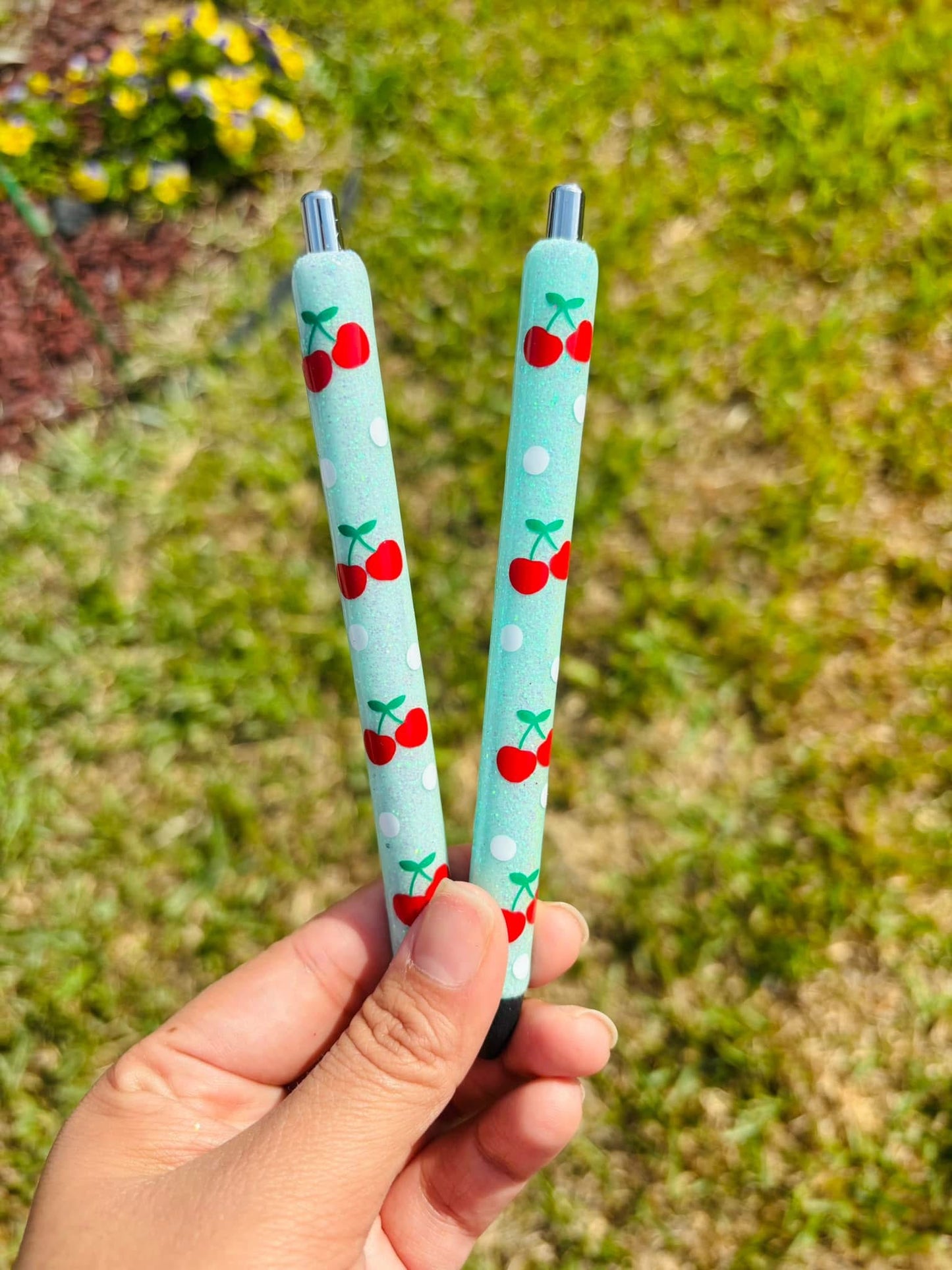 Blue with Cherries Glitter Pen Pre-Order