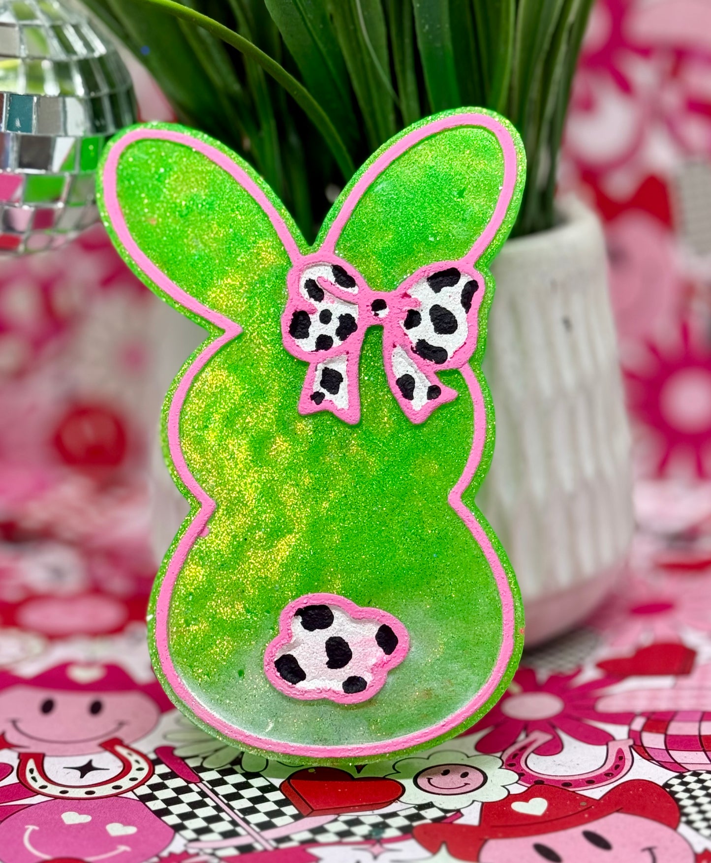 Holographic Peep with Cow Print Bow
