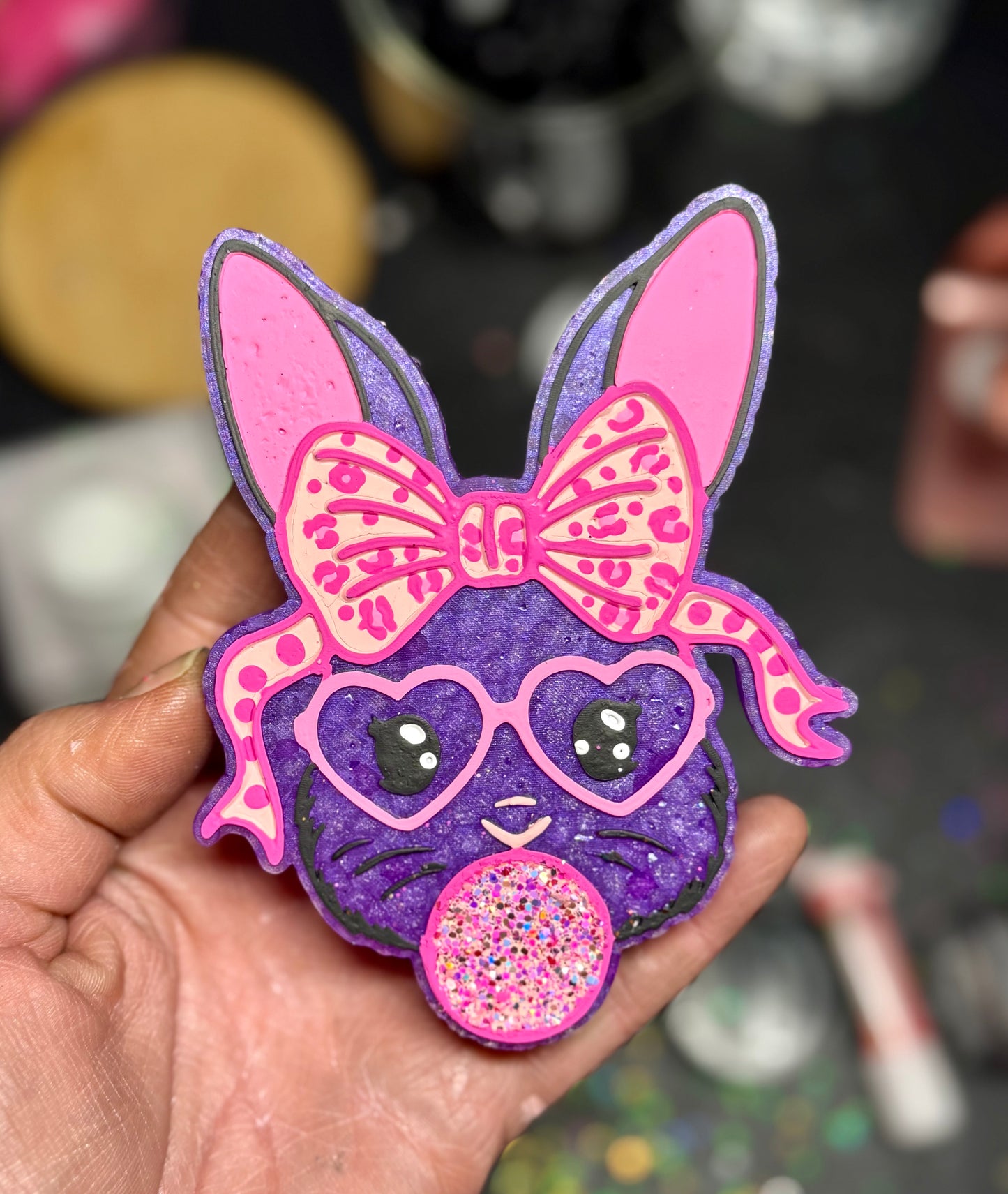 🐰🩷Bunny with/bow blowing Bubble leopard bow🩷🐰