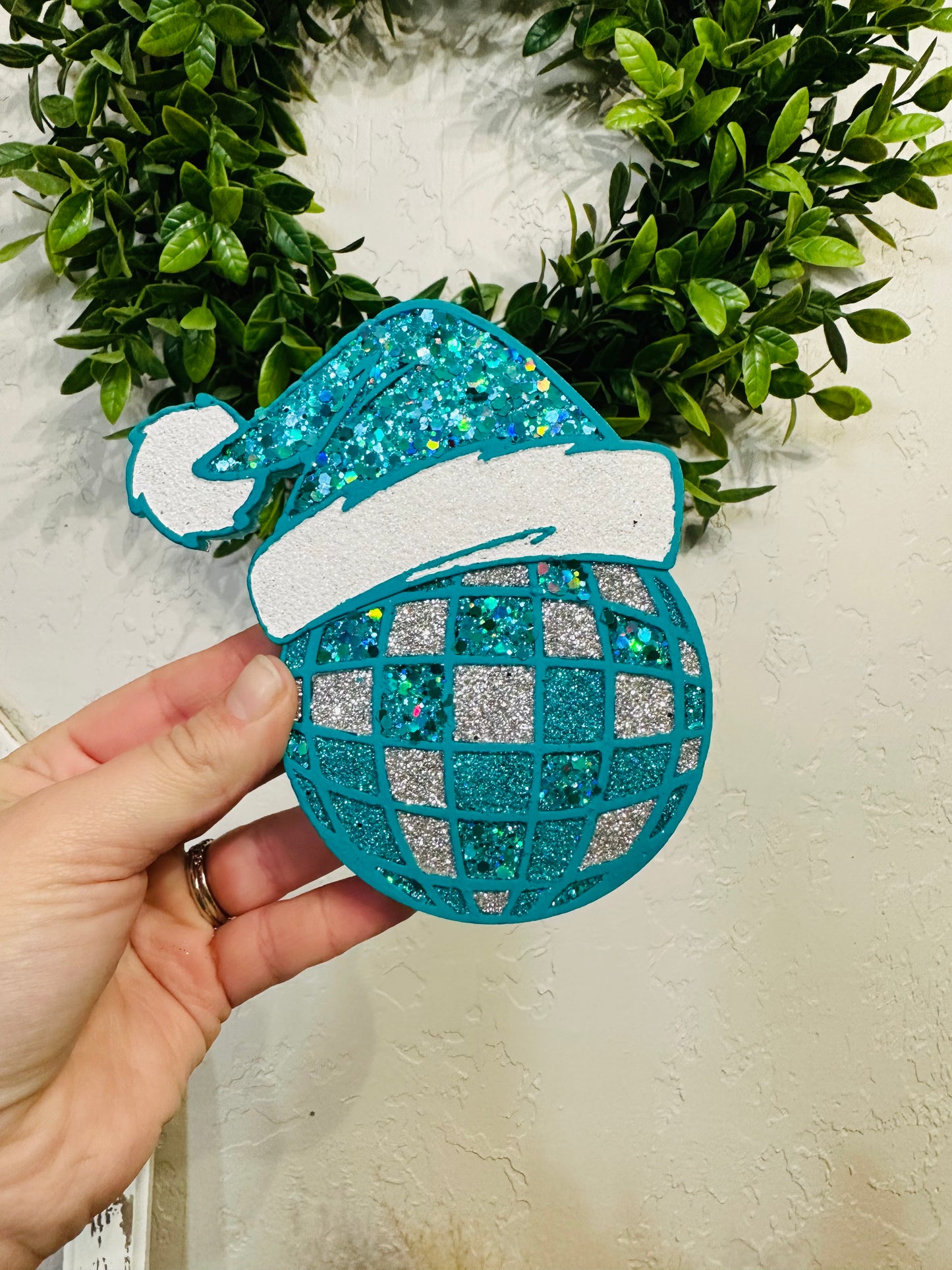 Turquoise Theme Disco Ball w/ Santa Hat