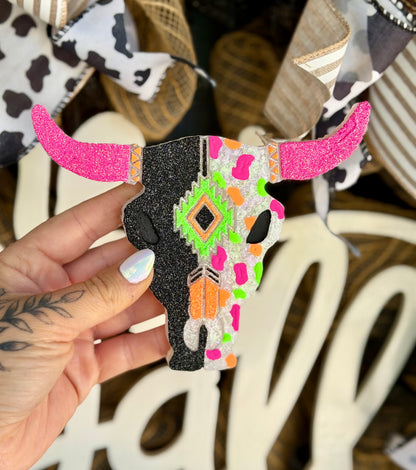 Neon Cow Print Aztec Bull Skull