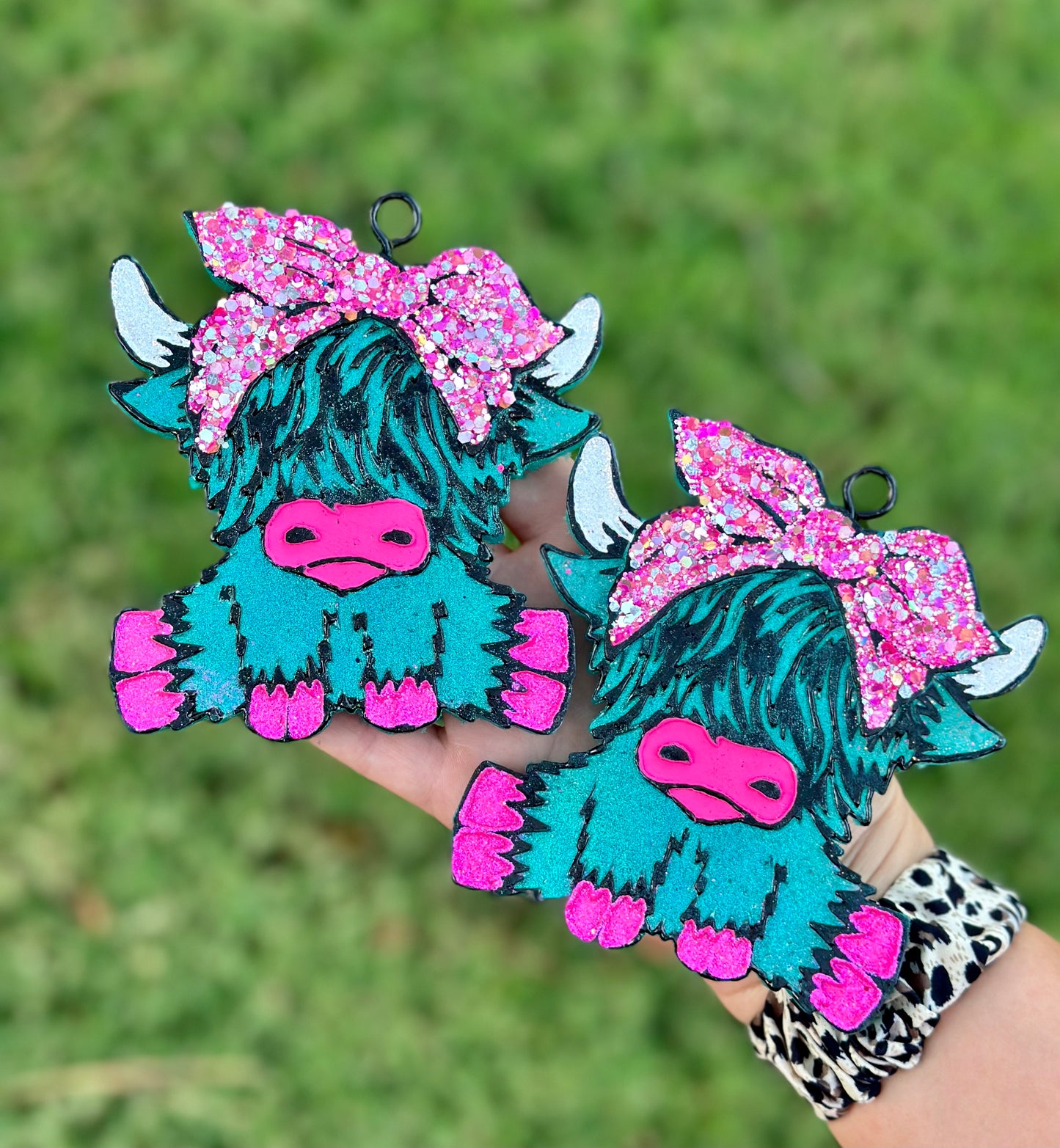 Teal Holographic Highland Cow with Bow