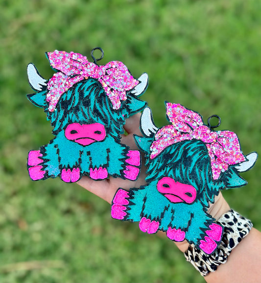 Teal Holographic Highland Cow with Bow