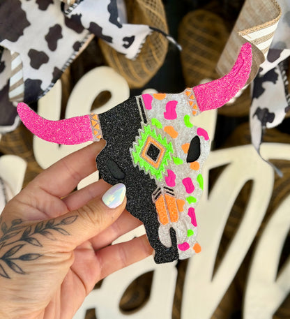 Neon Cow Print Aztec Bull Skull