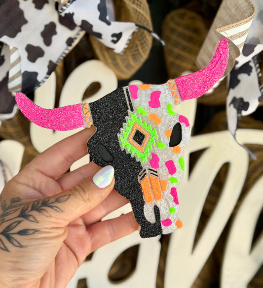 Neon Cow Print Aztec Bull Skull