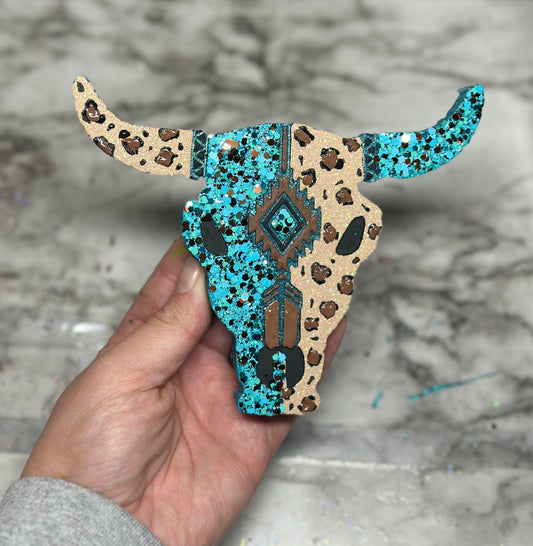 Leopard/Teal Bull Skull