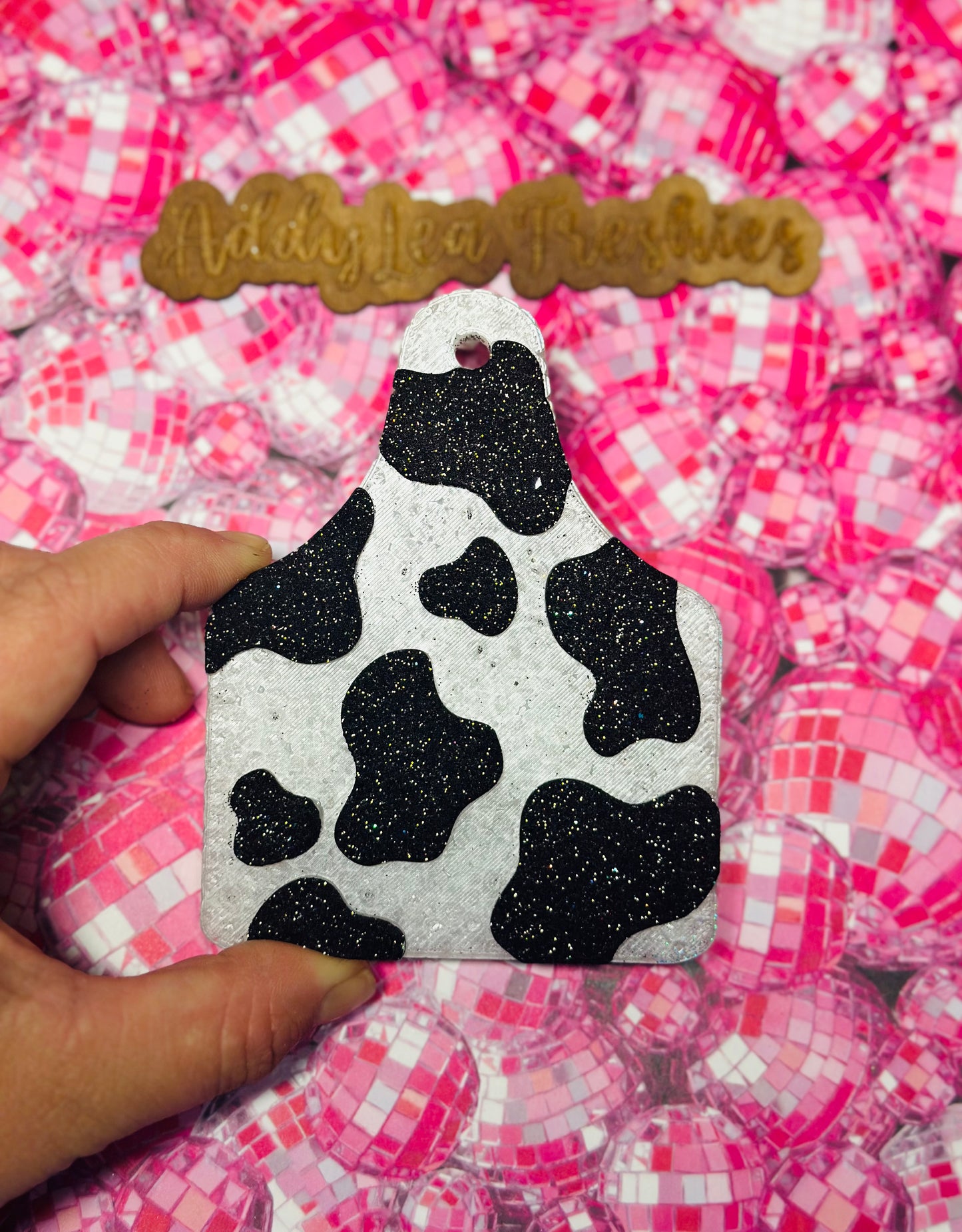 Cow Print Cow Tag (glitter can be changed)