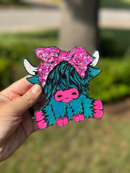 Teal Holographic Highland Cow with Bow