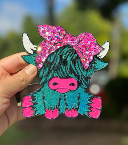 Teal Holographic Highland Cow with Bow