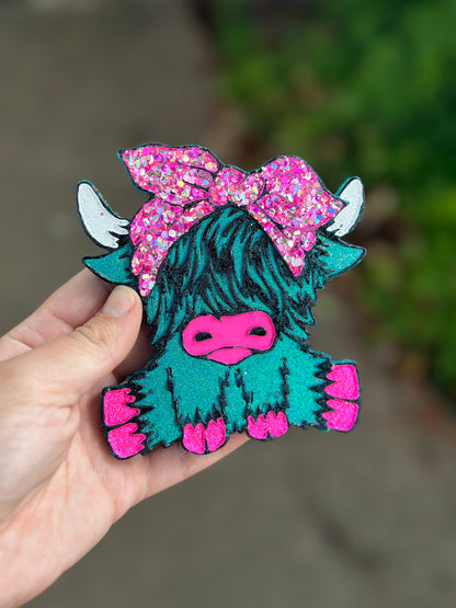 Teal Holographic Highland Cow with Bow