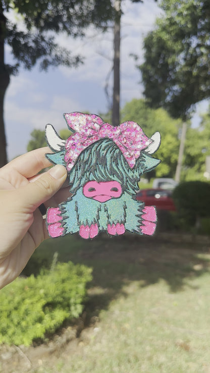 Teal Holographic Highland Cow with Bow