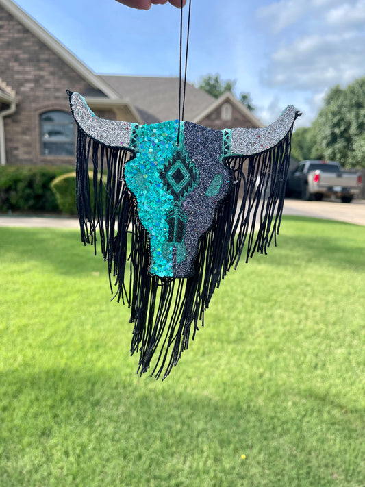 Turquoise/Black/Silver Aztec Bull Skull