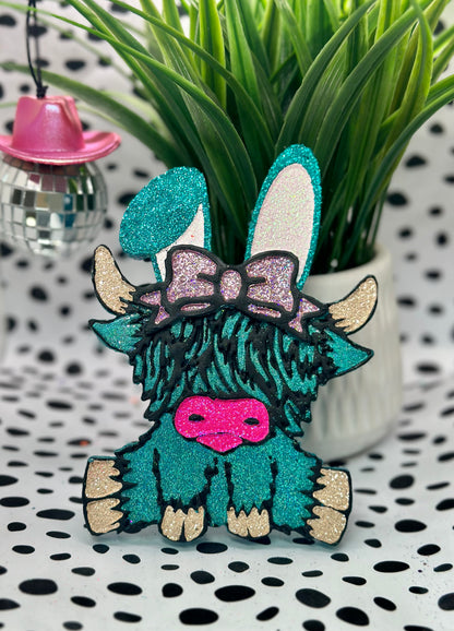 Holographic Teal Highland Cow with Bunny Ears (put bow color in notes)