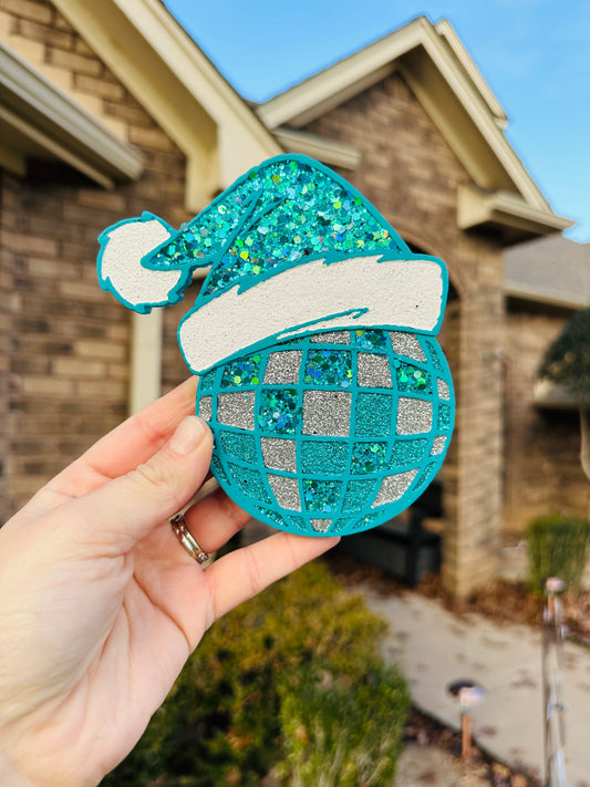 Turquoise Theme Disco Ball w/ Santa Hat