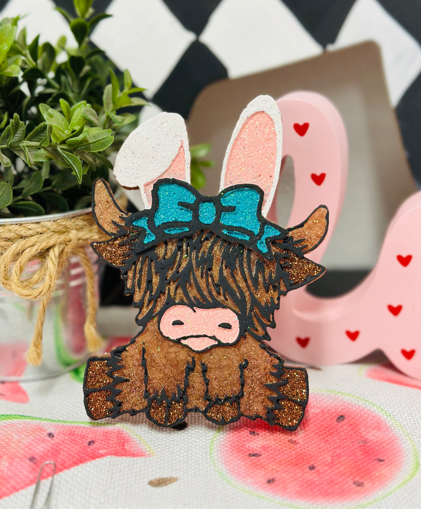 Highland Cow with Bunny Ears (put bow color in notes)