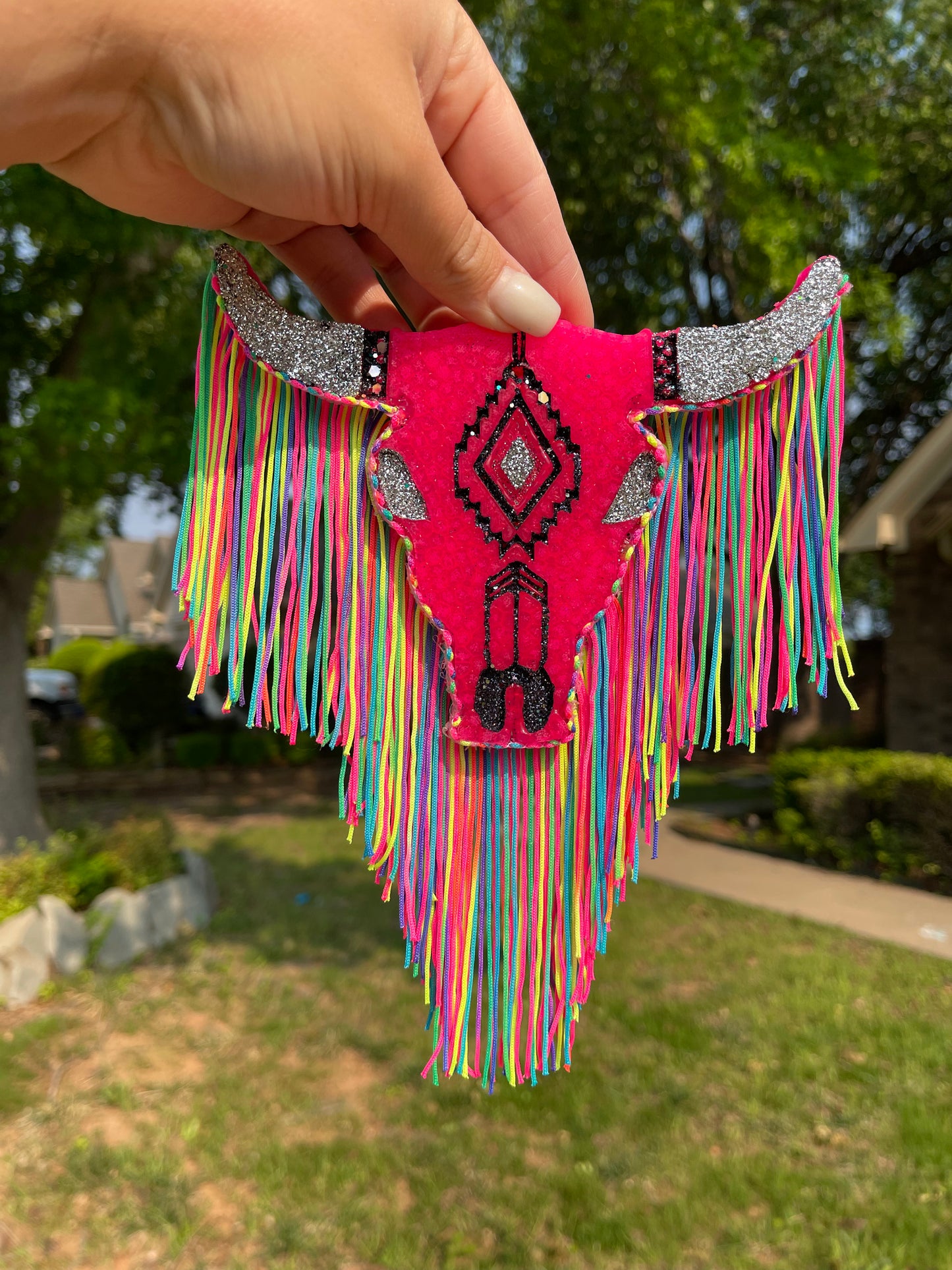 Rainbow fringe Aztec Bull Skull