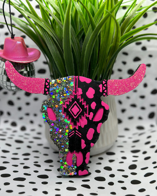 Pink/Black Aztec Bull Skull