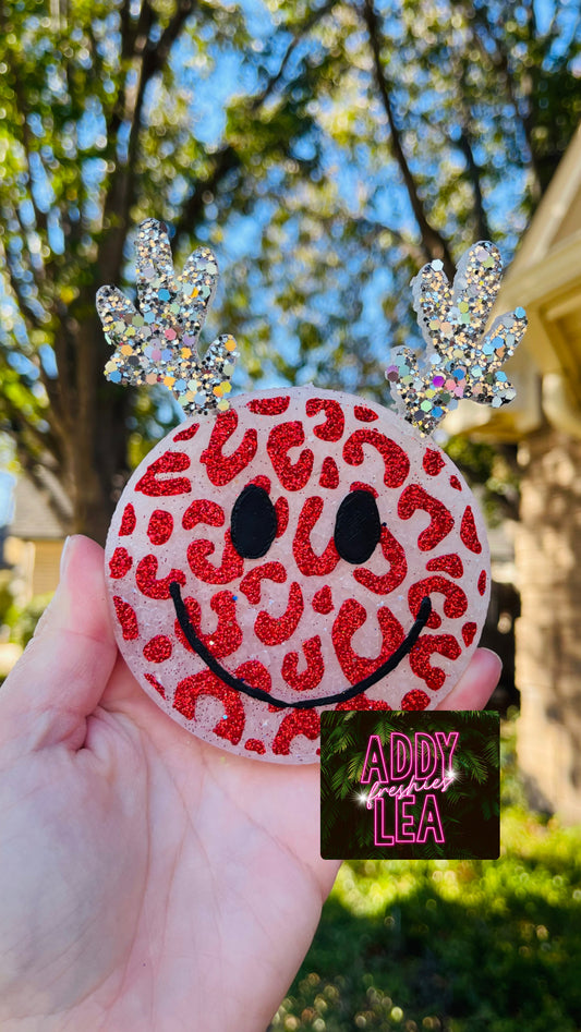 Leopard Smiley Reindeer with red glitter