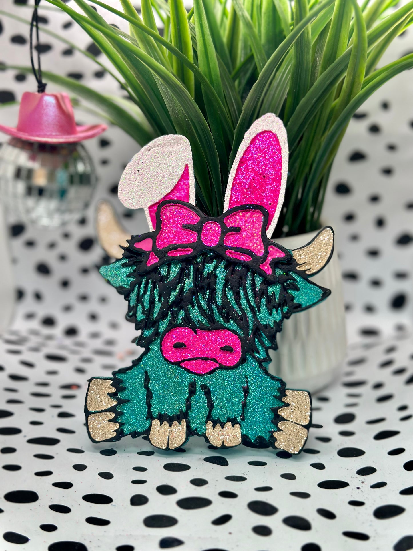 Holographic Teal Highland Cow with Bunny Ears (put bow color in notes)