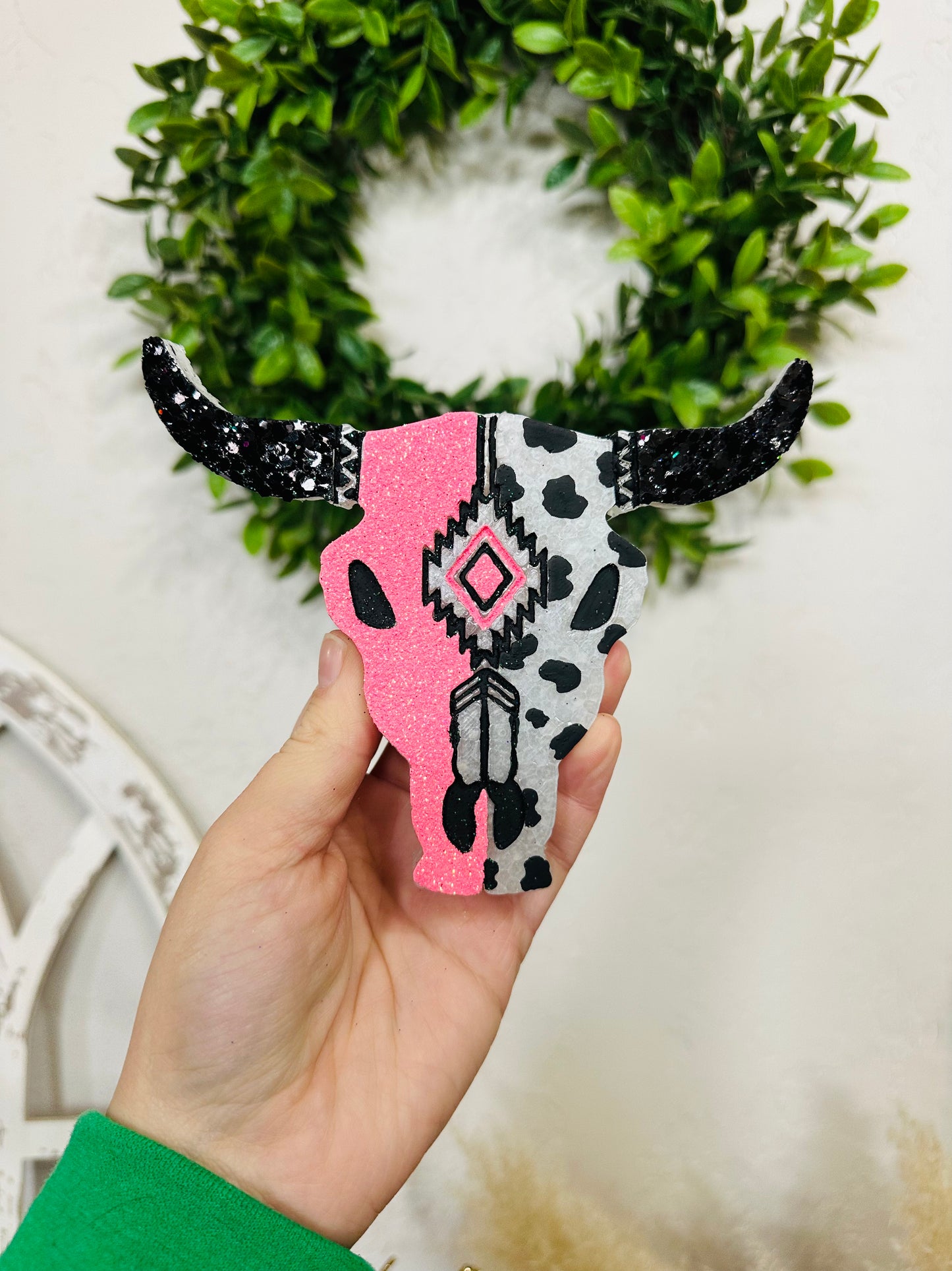 Pink/Black Aztec Bull Skull