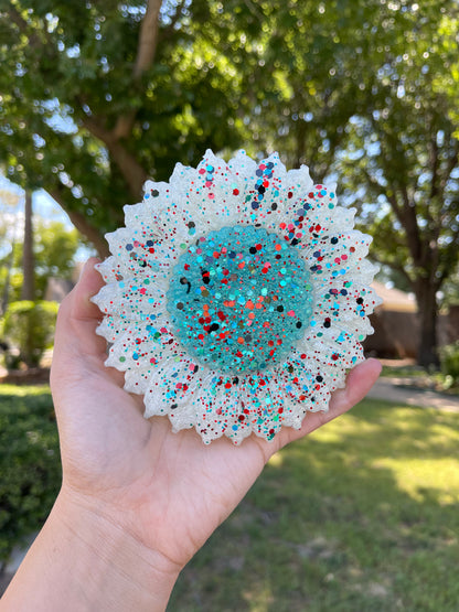 Rodeo Queen Glitter Sunflower (white outside, teal inside)