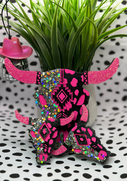 Pink/Black Aztec Bull Skull