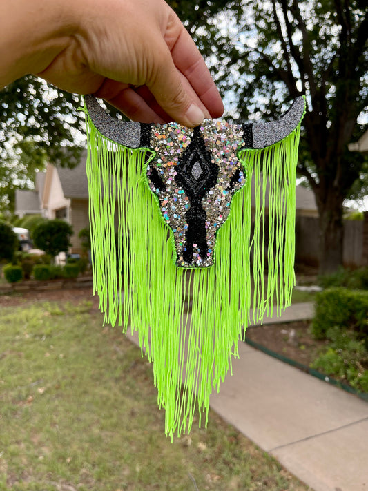 Silver glitter with neon green fringe Aztec Bull Skull