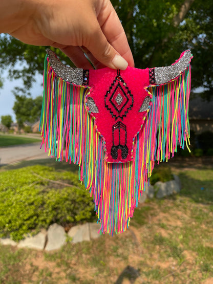 Rainbow fringe Aztec Bull Skull